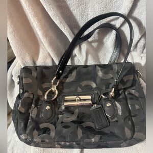 Coach Black Signature Canvas Shoulder Bag with Metallic Accents